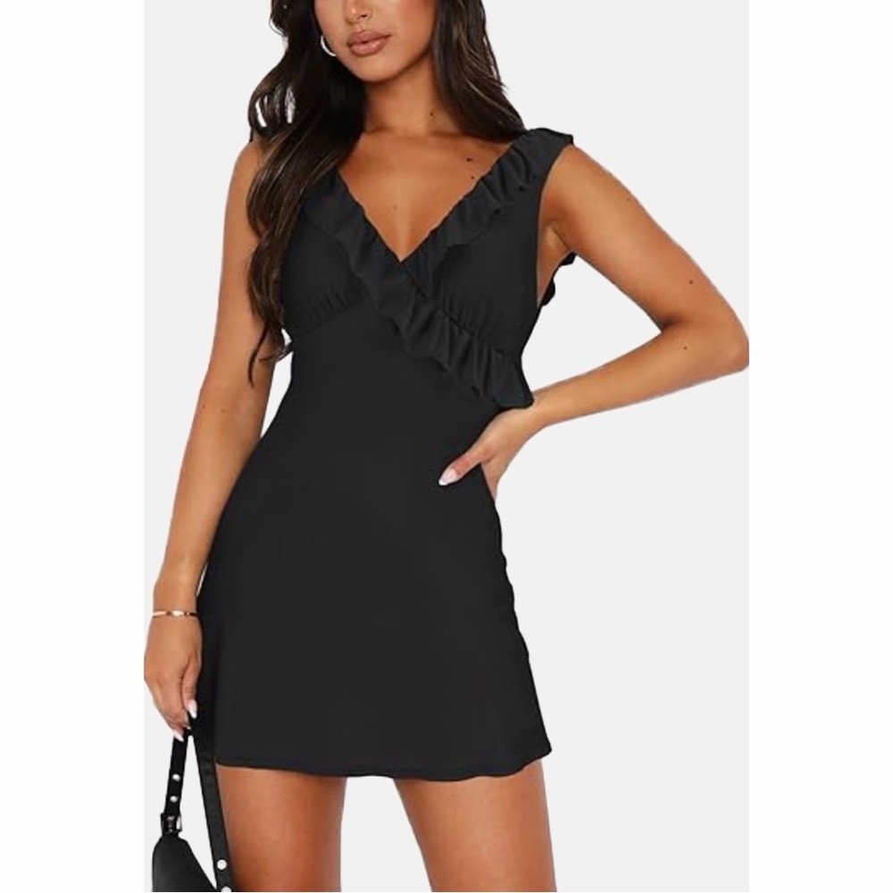 Black Mini Dress Women's Medium‎ Ruffle Sleeveless Backless V-Neck Party Bodycon